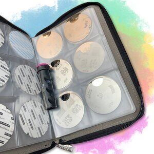 BMC Nail Art stamp plates, lot of 26, with storage binder and silicone stamper.